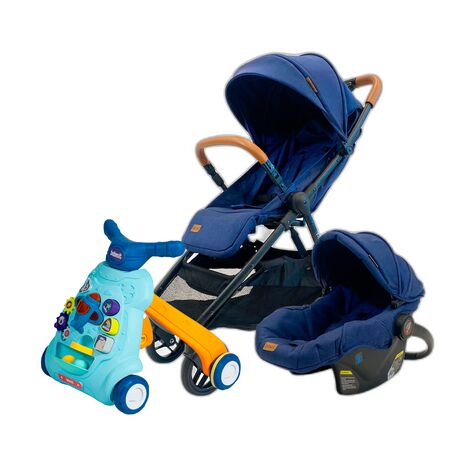 Cochecito De Paseo C/Huevito Ultraplegable Azul + Caminador Musical - Celeste
