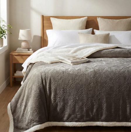 Manta frazada flannel Deluxe con corderito 2 1/2 plazas GRIS