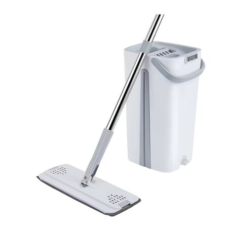 Mopa Plana lampazo Importbaires con doble balde y escurridor. Incluye 4 paños de microfibra reutilizables. Color blanco