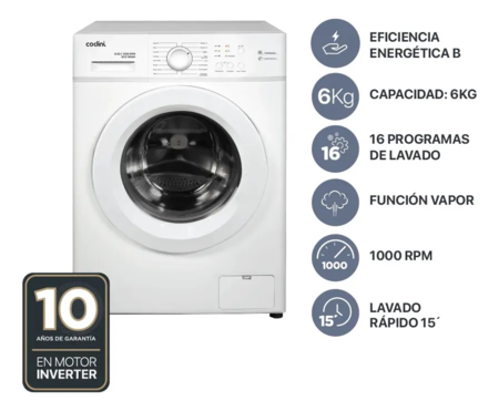 Lavarropas Automático Codini Inverter Steam 6kgs 1000 Rpm Blanco 94-01662