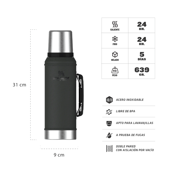 TERMO STANLEY 950 ML CON MANIJA Y TAPON CEBADOR (C:NEGRO 2.0) - Vista 3