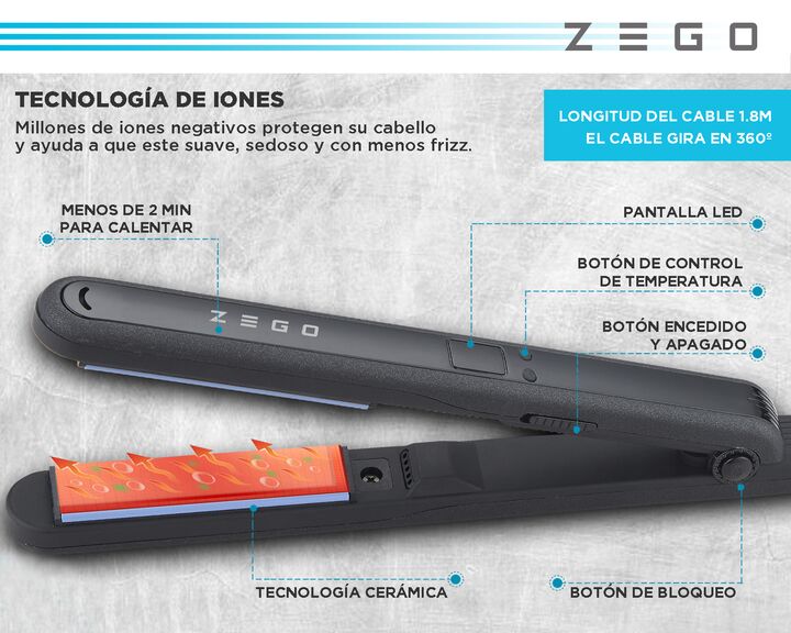 Planchita De Pelo Zego Ceramica Funcion Ion ZBP42 - Vista 2