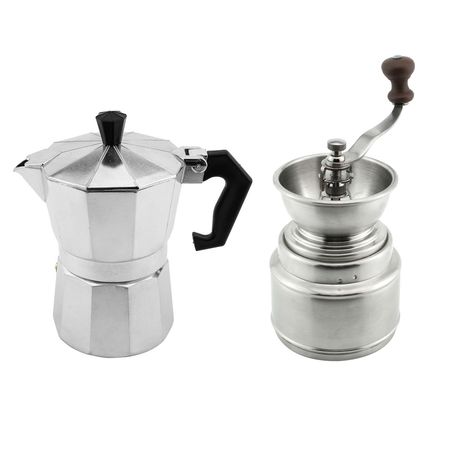 Kit de Cafetera Gadnic de Aluminio Moka + Molinillo Café Manual 