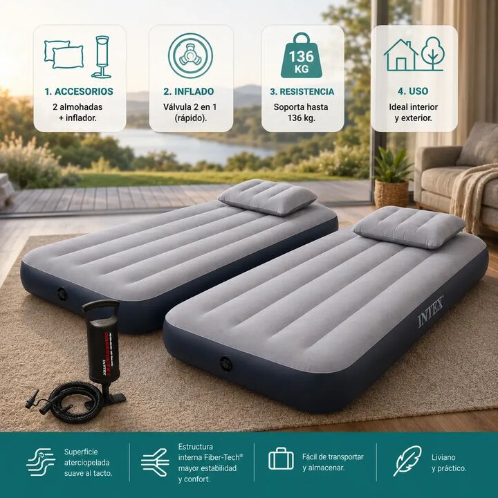 Colchón Inflable 1 Plaza X2 Intex Classic Almohadas Inflador - Vista 2