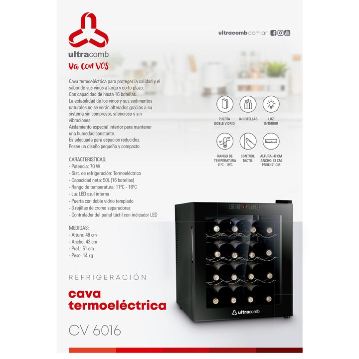 Cava de Vinos Termoeléctrica Ultracomb CV-6016 16 Botellas 50 Lts Negro - Vista 5