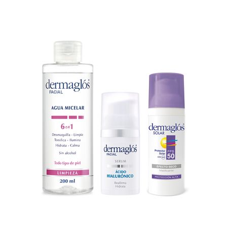 Dermaglos Set Agua Micelar 6en1 + Serum + Solar Facial Efecto Seco Fps50