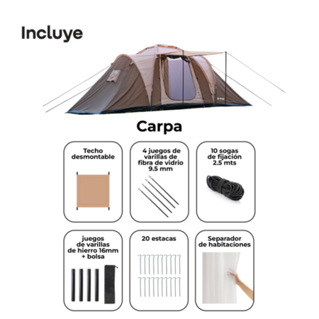 Carpa Familiar 2 Habitaciones y Living Waggs Impermeable Marrón