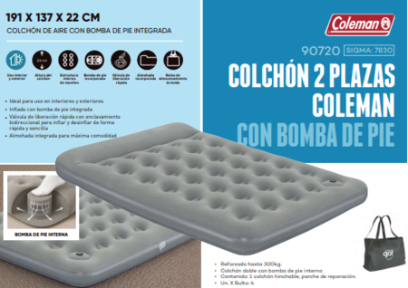COLCHON 2 PLAZAS COLEMAN C/ BOMBA DE PIE 191 X 137 X 22 CM