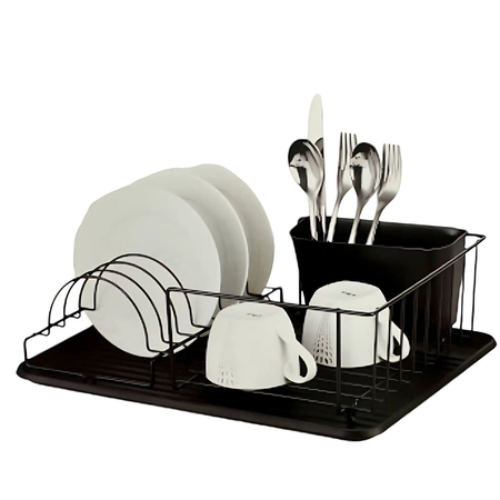 Escurridor Secaplatos Negro Con Bandeja y Porta Cubiertos