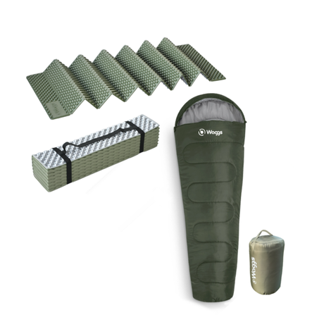 Combo Aislante Térmico y Bolsa de Dormir Momia WAGGS Camping Verde