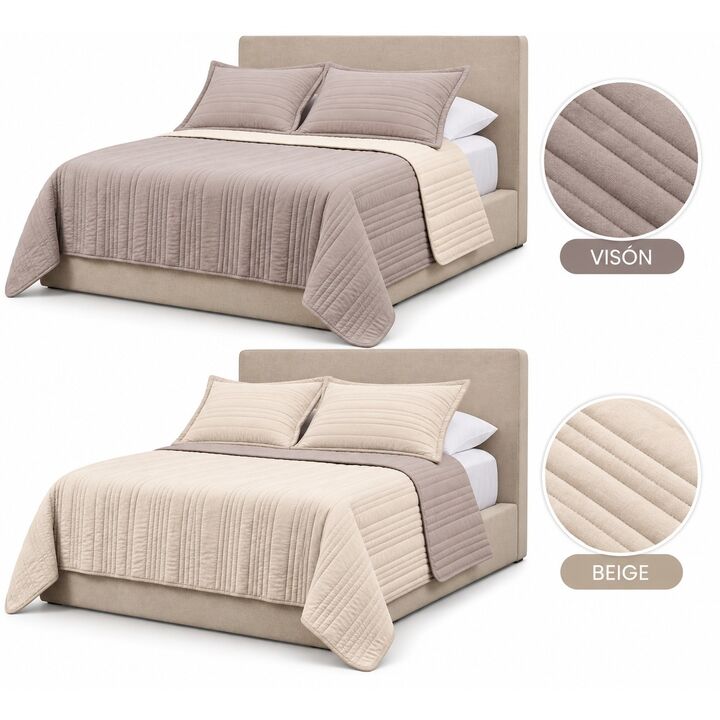 Cubrecama reversible queen con funda de almohada color gris claro/beige - Vista 2