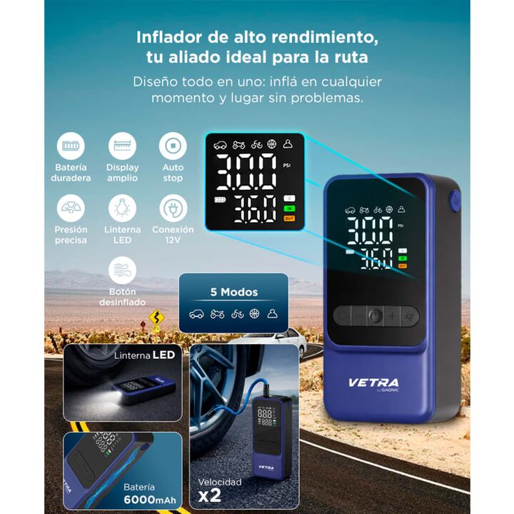 Inflador Portátil Vetra By Gadnic 150 PSI Digital Bateria Recargable Función Desinflado Linterna LED - Vista 4