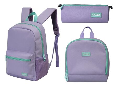 Mochila Escolar Kossok Musty + Lunchera + Cartuchera + Stick Lila