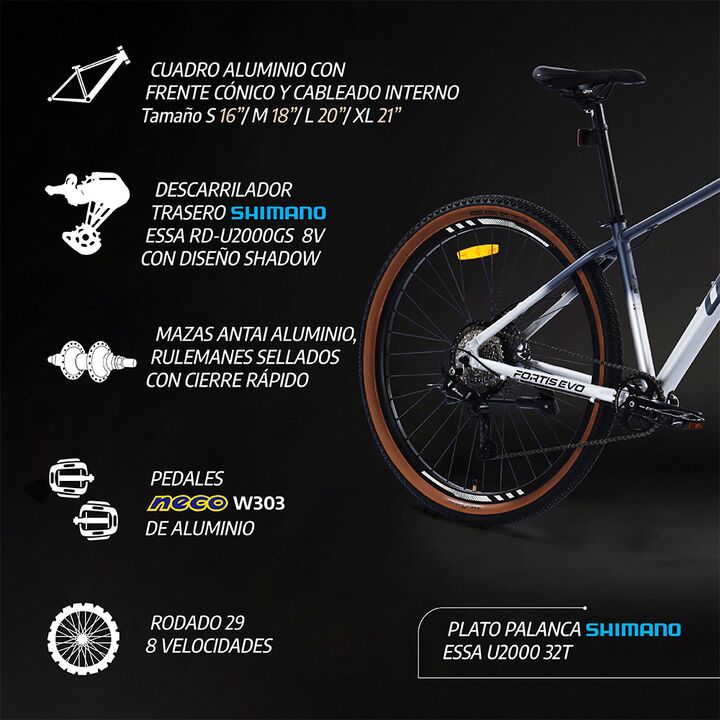 Bicicleta MTB OVERTECH Fortis EVO R29 Aluminio, 8 Velocidades, Frenos Hidráulicos, Con suspensión - Vista 12