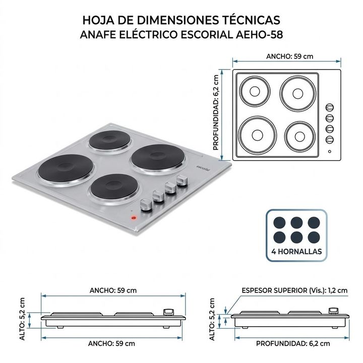 Anafe Escorial AEHO-58 60Cm Eléctrico Empotrable Hot Plate - Vista 4