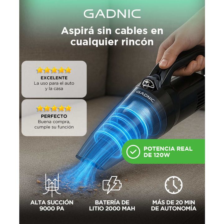 Aspiradora De Mano Gadnic 120W 9000Pa Inalambrica Bateria 2000mAh Filtro HEPA Carga USB Bajo Ruido Auto Hoga - Vista 2