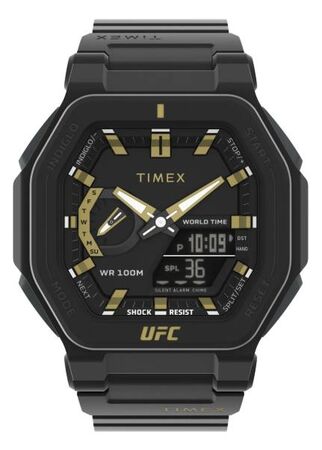 RELOJ ANALOGO-DIGITAL TIMEX UFC CUADRADO TODO NEGRO DET AMARILLO 45 MM (RTX0658) (TW2V55300)