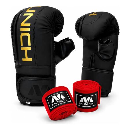 Kit Guantines De Boxeo Woskin Pulgar Libre + Vendas Band 5m S Dorado