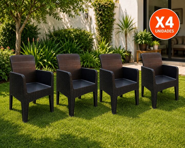 Combo x4 Sillón Plástico Símil Ratan Reforzado Jardin Milo Quality Negro - Vista 2