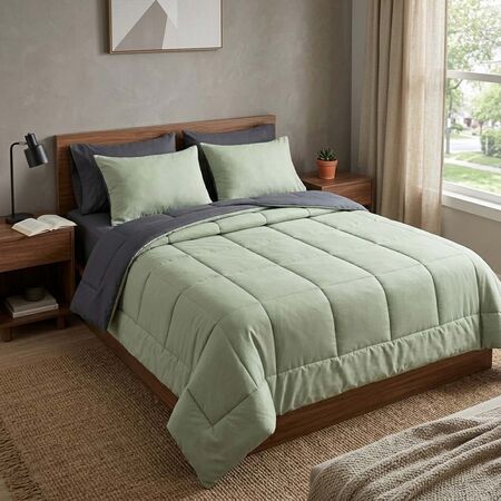 ACOLCHADO REVERSIBLE VERDE Y GRIS CASABLANCA ORO BITONO  2 1/2 PLAZAS