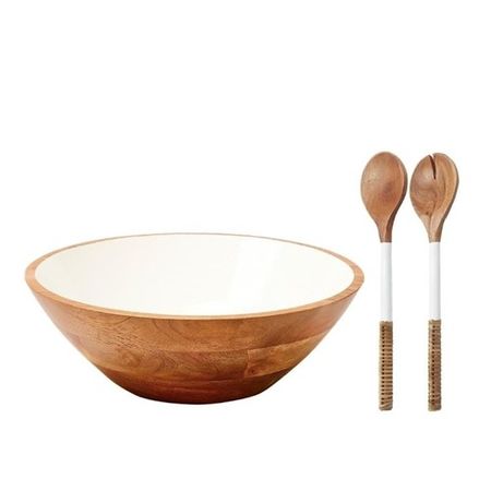 Set  Bowl Madera Esmaltado + Utensilios Carol Madera x2