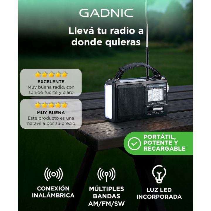 Radio Portatil BT GADNIC Inalámbrica AMFM Recargable Con Luz - Vista 2