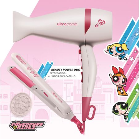 Combo Secador Y Alisador de Cabello Chicas Superpoderosas Ultracomb SC-46CS AP-44CS Rosa 