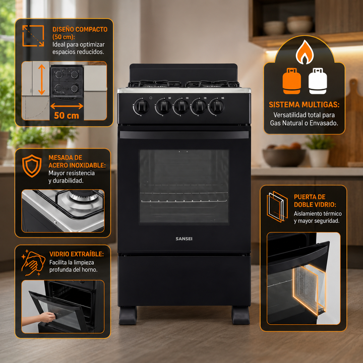 Cocina Multigas 50cm Sansei Essential 4 Hornallas Con Visor - Vista 2