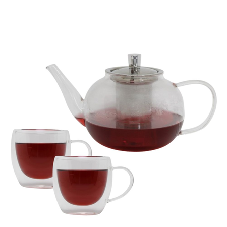 Set Tetera vidrio con infusor 2 tazas termicas vidrio doble