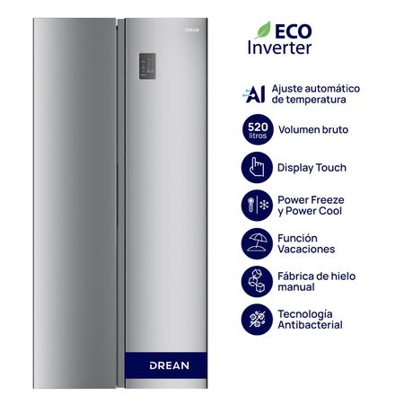 Heladera Side by Side Inverter con IA 520 L Inox Drean DSP480LKRSS0