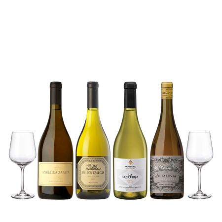 Set Vinos Blancos  Gualtallary Chardonnay Seleccion x 4 y 2 Copas Con Estuche