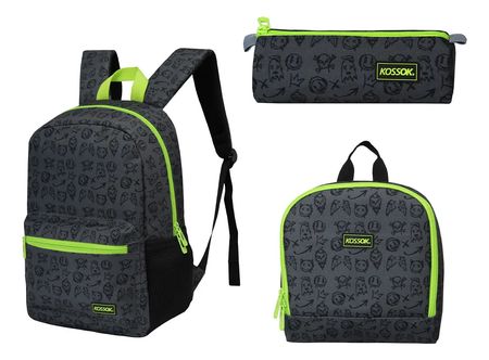 Mochila Escolar Kossok Musty + Lunchera + Cartuchera + Stick Gris/Verde