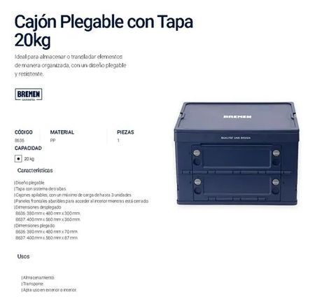 Cajón Bremen Plegable con Tapa 20 Kilogramos 47 Litros