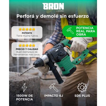 Rotomartillo Bron by Gadnic 3 en 1 Alta Potencia 1500W Velocidad Ajustable SDS Plus 800 RPM 5J 230V 50Hz Kit Completo Broca Copa 60 mm