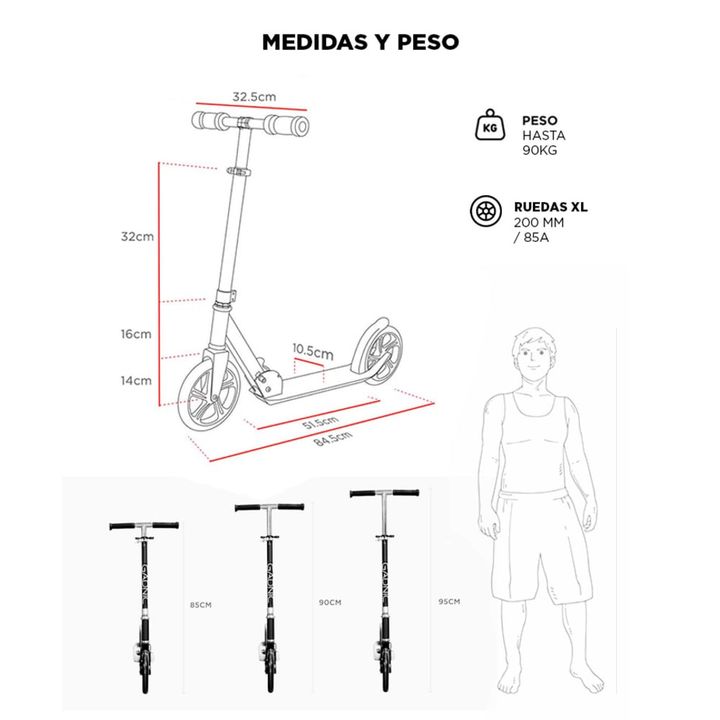 Monopatín Negro Gadnic City Plegable de Alumino Niños y Adultos Hasta 90kg Ruedas 200mm - Vista 6