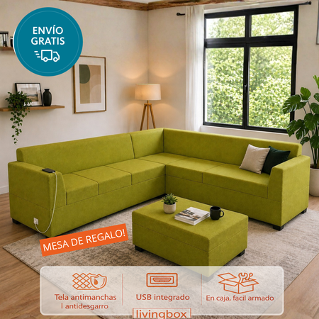 Sillon Esquinero en L 3+3 Living Box USB En Caja Lino Antimanchas. Mesa de regalo!
