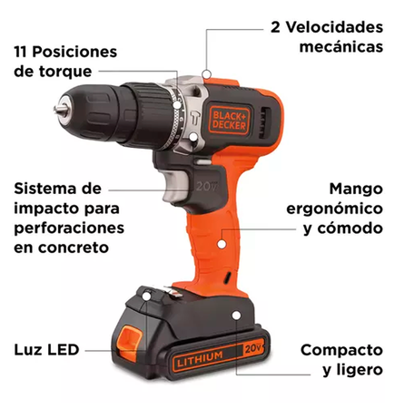 Taladro Percutor Inalámbrico Black&Decker Batería 20V Lítio