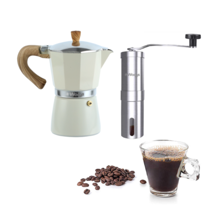 Set Cafetera Moka Italiana Más Molinillo Manual Ainox Waggs Crema