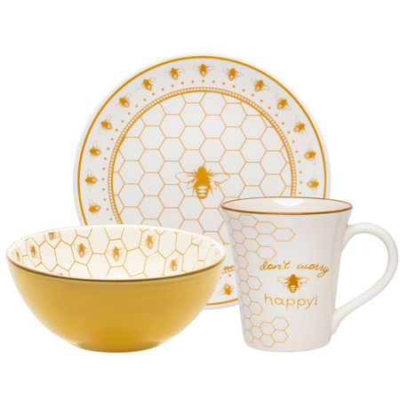 Set X3 Bowl Taza Plato Postre Juego Oxford Snack Bee Happy
