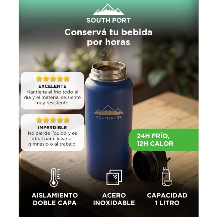 Botella Termica Southport by Gadnic 1 Litro Acero Inoxidable Doble Capa Tres Tapas - Vista 2