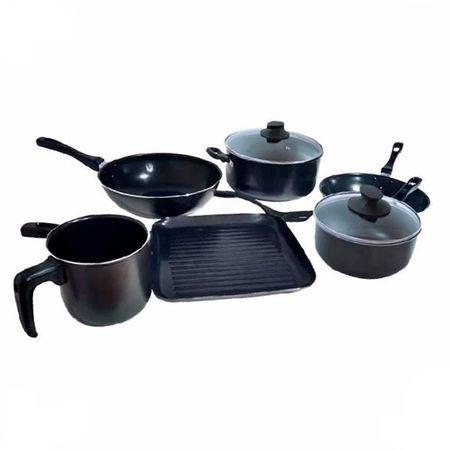 Bateria De Cocina Guadix Teflon 9 Piezas Tapa Vidrio Set Gris Oscuro