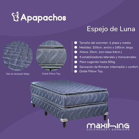 Sommier y Colchon Espejo de Luna 1 Plaza y Media 100x190x30 de Resortes Bonnell Doble Pillow de Jackard