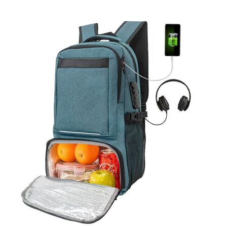 Mochila Porta Noteebok Con Candado + Bolsillo Antirrobo + Bolsillo Termico De Viaje EB101 Turquesa
