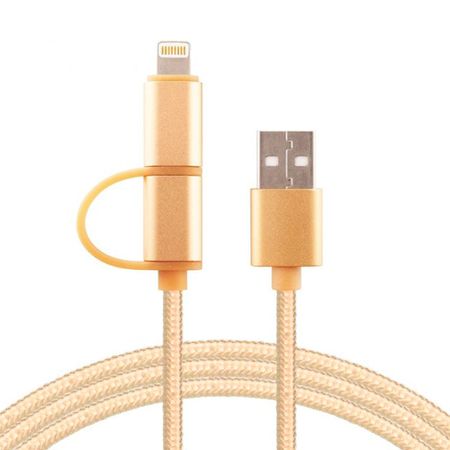 Cable Usb 2 En 1 Samsung Iphone Micro Usb Lightning Mallado - Dorado