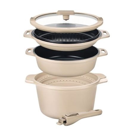 Batería de Cocina Carol Antiadherente 6 en 1 de Aluminio Fundido con Mango Extraíble Beige