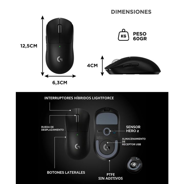 Mouse Inalámbrico Lightspeed Logitech PRO X Superlight 2 SE Negro Para Gaming Sensor - Vista 6