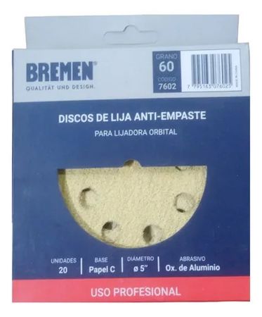 Disco Lija Orbital Bremen 5 Pulgadas Grano 60 Caja 20 Piezas