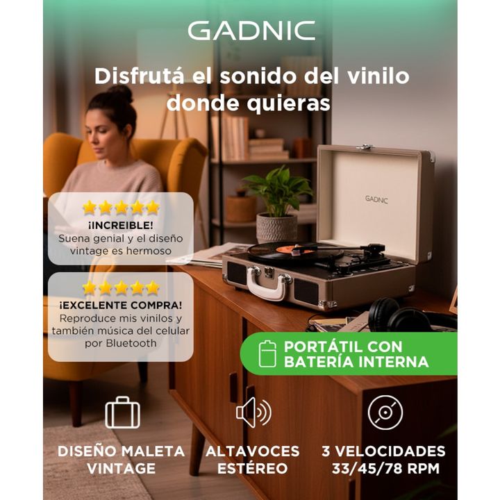 Tocadiscos Gadnic TD33 Bluetooth Portátil 3 Velocidades FM USB Aux-In RCA SD - Vista 2