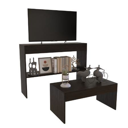 Combo Mesa De Living Y Rack Tv 55p Dsm01rt Roble Termo Negro Delos