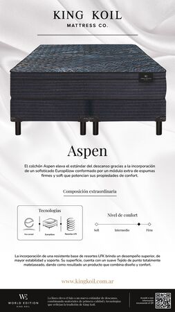 Colchon King Koil Aspen 1 Plaza y Media 100x190 Resortes LFK con Euro pillow de Espuma Firme